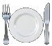 A formal place setting featuring a white plate with a fork on the left and knife on the right against a light background.